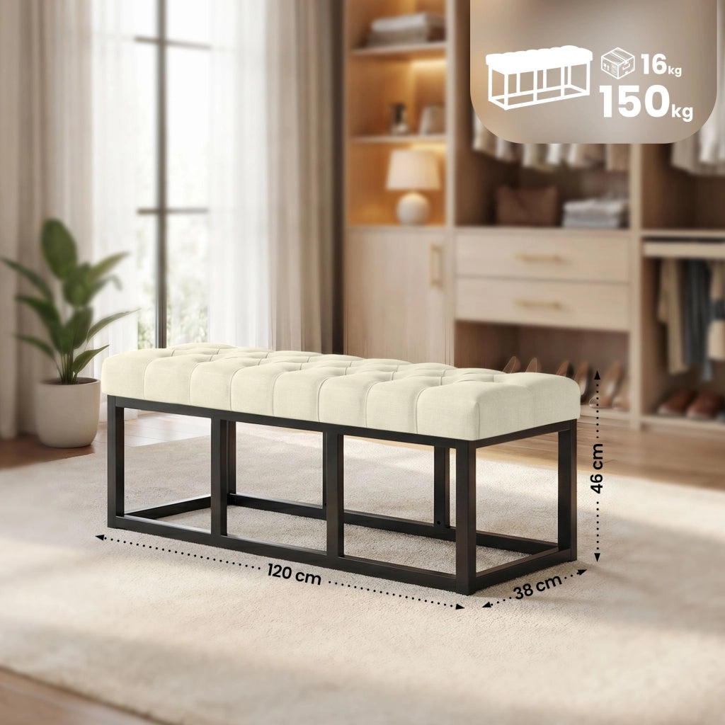 Panca design AMUN in metallo nero opaco e tessuto crema,120 cm