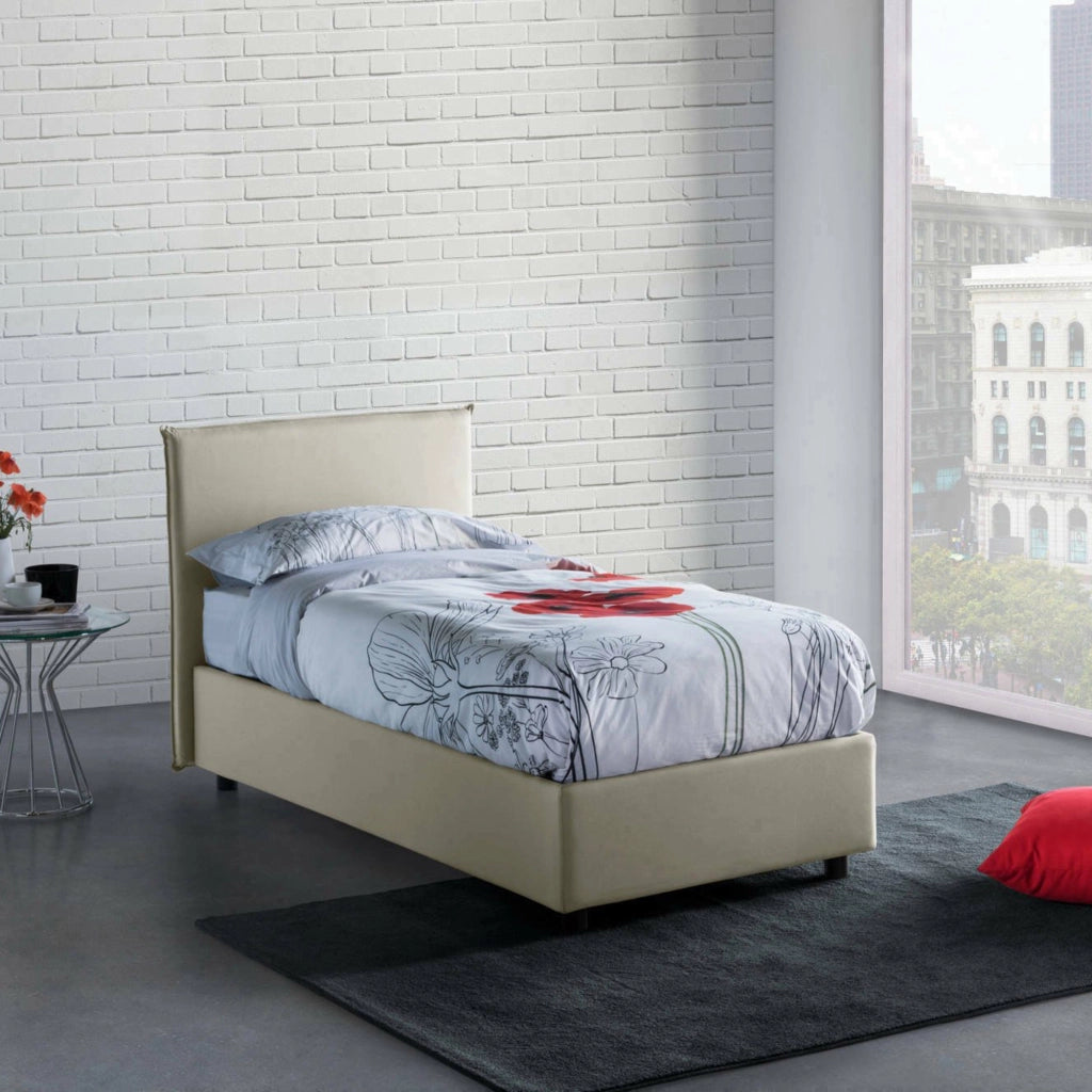 Letto singolo Acuila, Letto contenitore con rivestimento in tessuto, Made in Italy, Apertura laterale, adatto per materasso cm 80x190, Beige