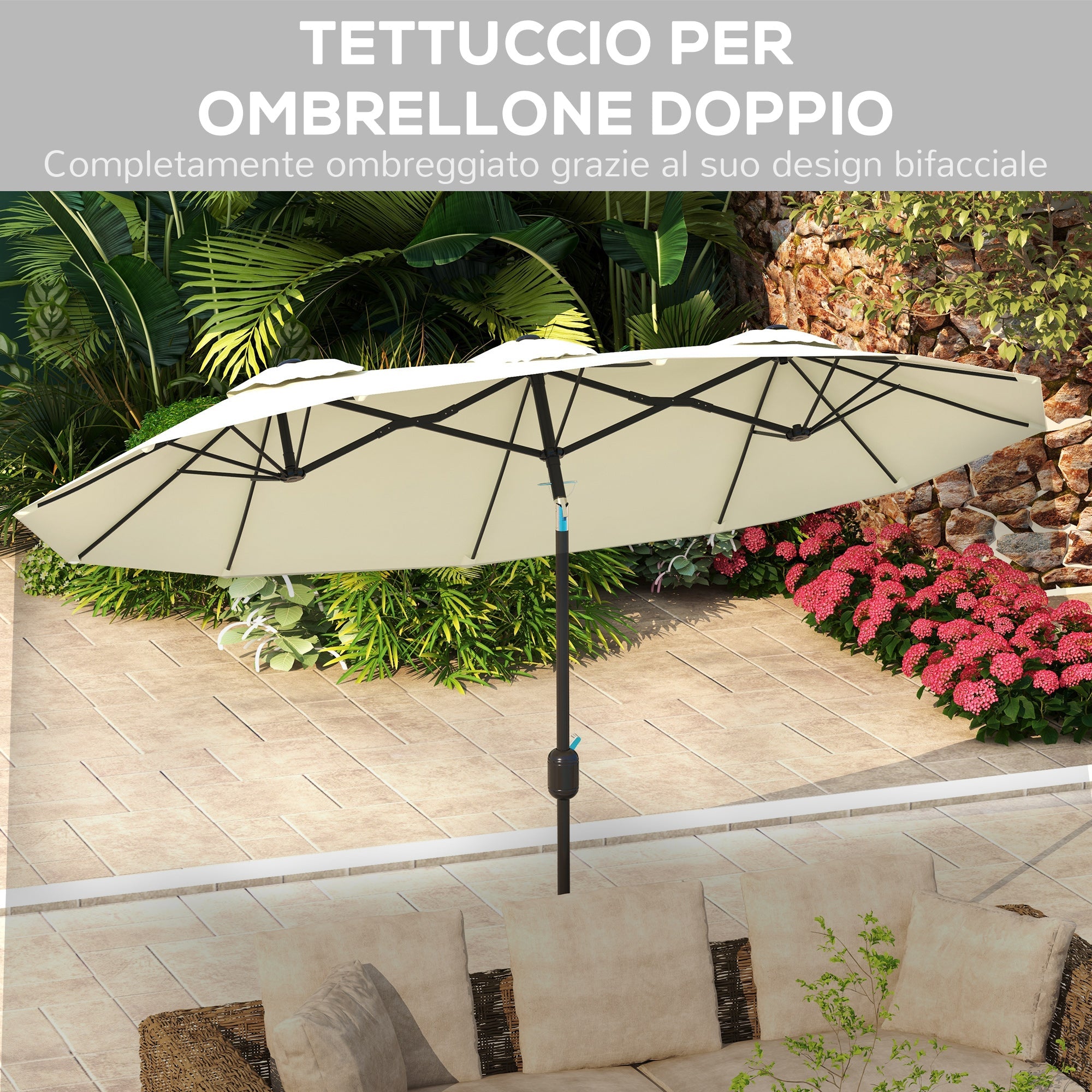 Ombrellone da Giardino 295x152x222 cm Copertura Doppia Inclinabile con Apertura a Manovella Beige