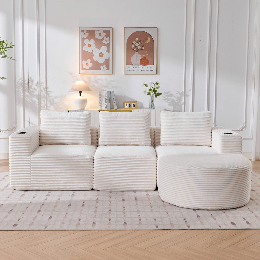 Divano lineare 2 posti con 3 cuscini e 2 portabicchieri, tessuto in poliestere, Beige 265 cm