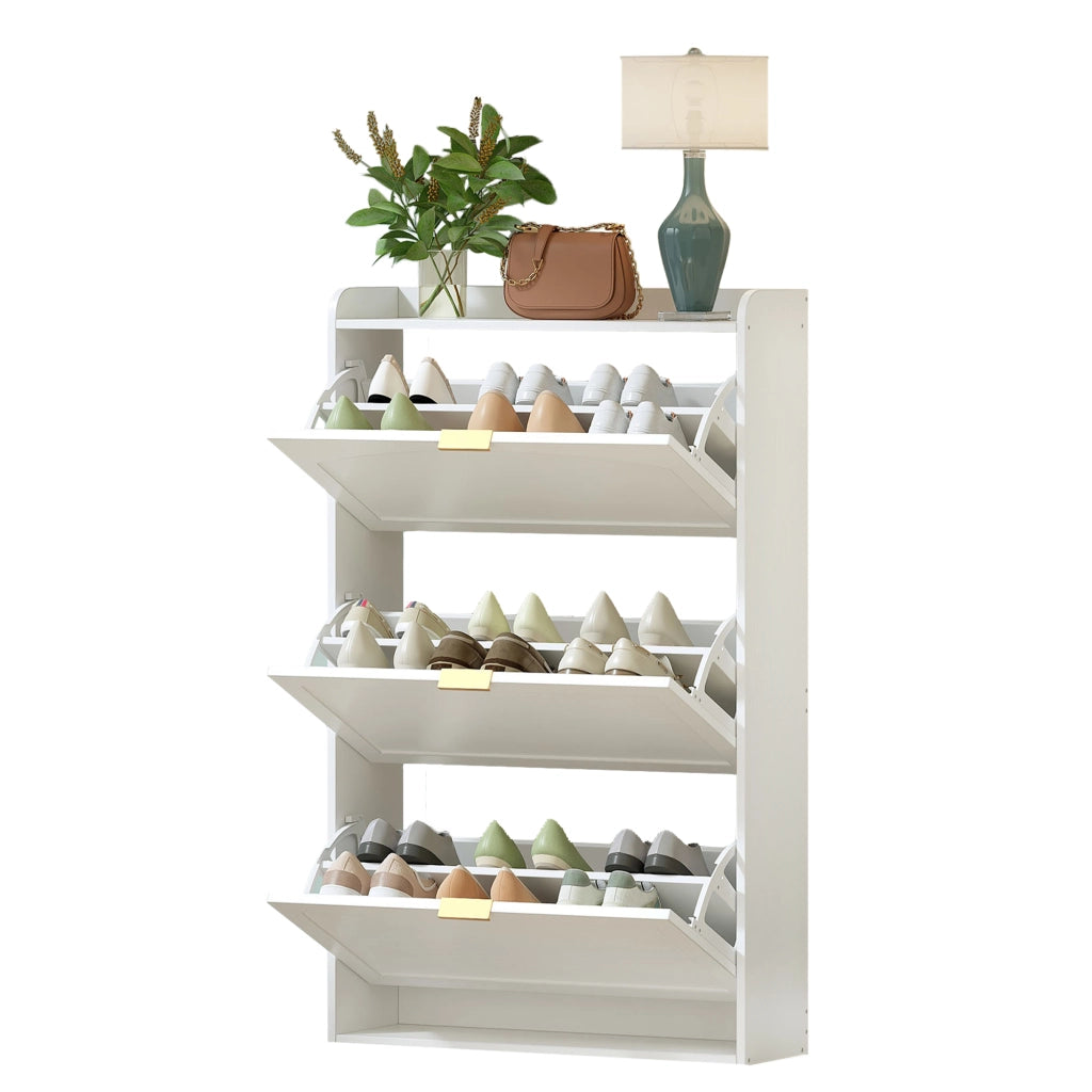 Scarpiera stretta con 3 ante a ribalta, mobile scarpe bianco per ingresso e soggiorno, 76x23x118 cm