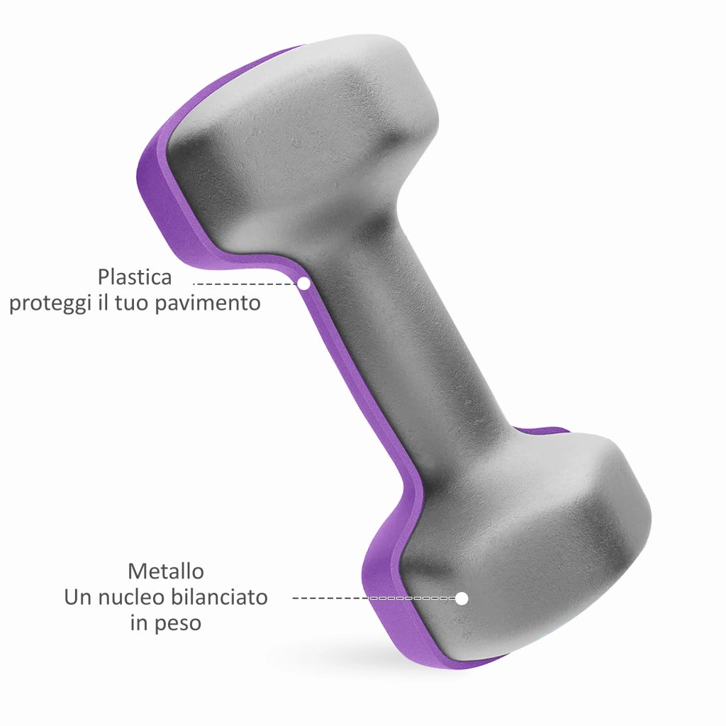 Set 6 Manubri Pesi (2x1 kg, 2x2 kg, 2x3 kg) da 12 kg con Supporto/Kettlebell, in Metallo e PP Rosa, Azzurro e Viola
