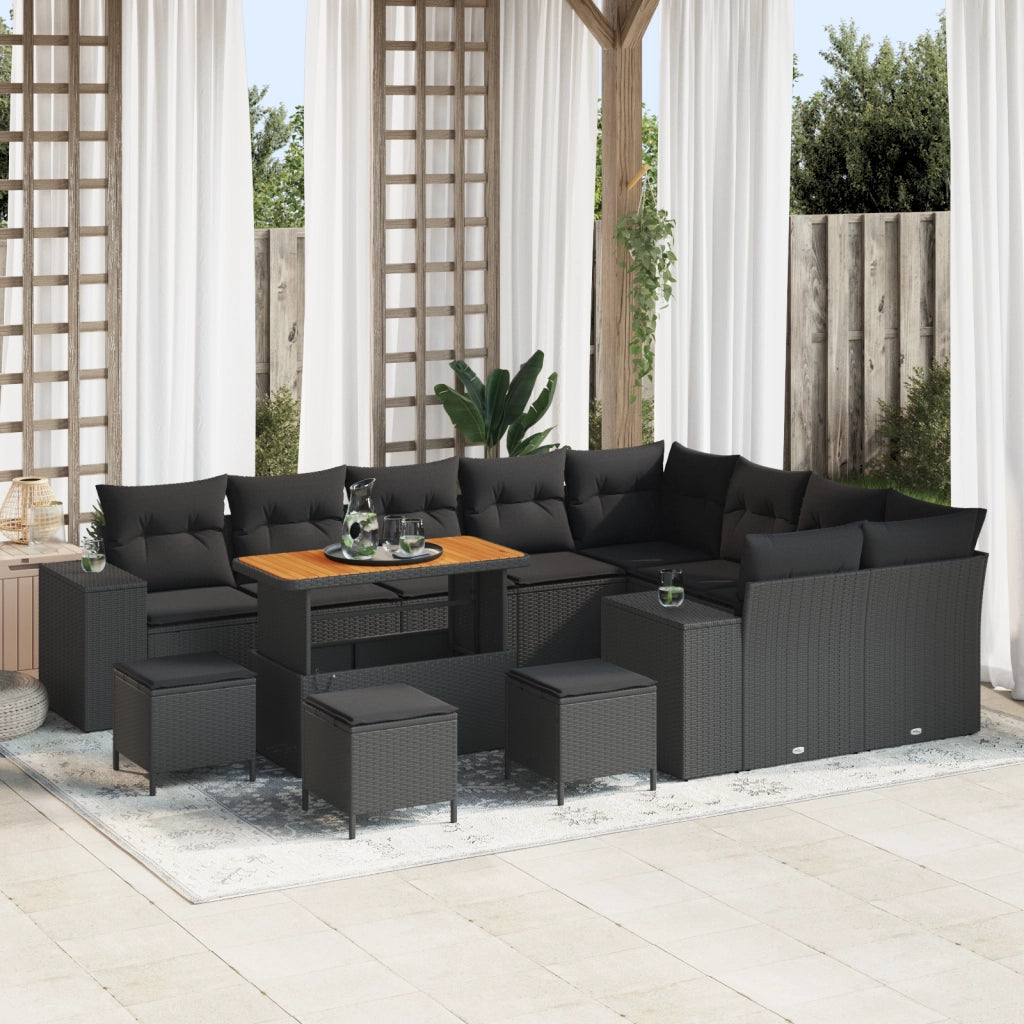 Set Divano da Giardino  da 13 pezzi con Cuscini Nero Polyrattan Acacia