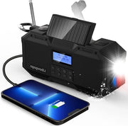 Radio portatile DAB+-FM con paralume e luce stroboscopica, speaker Bluetooth impermeabile, powerbank 4000 mAh con ricarica solare e luce di emergenza.