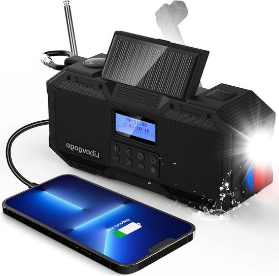 Radio portatile DAB+-FM con paralume e luce stroboscopica, speaker Bluetooth impermeabile, powerbank 4000 mAh con ricarica solare e luce di emergenza.