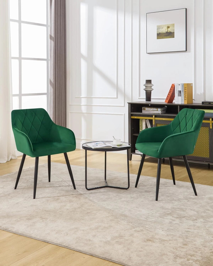 1x Sedia per Sala da Pranzo Imbottita, Poltroncina in Velluto,Sedia da Cucina con Braccioli e Schienale, Gambe in Metallo, Verde Scuro, BH352dgn-1