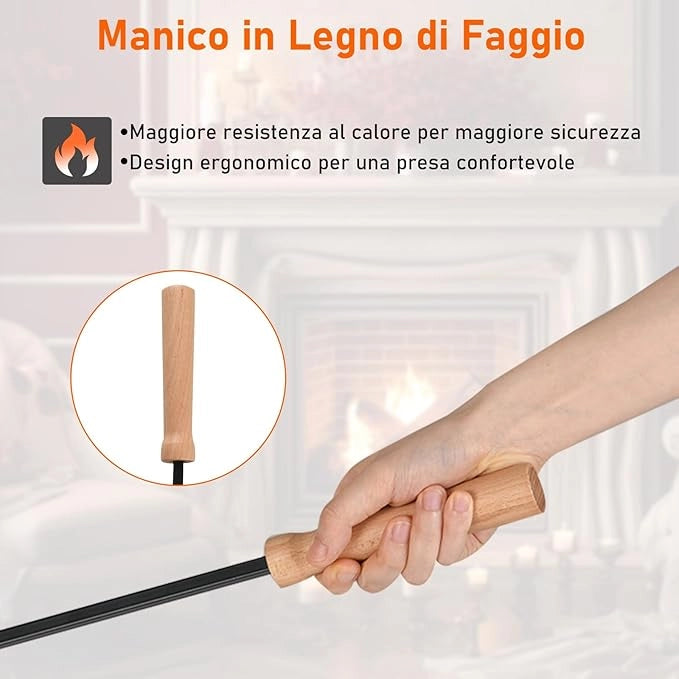 Attrezzi Camino a Legna da 4 Pezzi con Attizzatoio, Paletta, Scopa e Supporto Triangolare, Set Utensili Camino in Ferro Battuto con Manici in Legno di Faggio per Stufa e Focolare