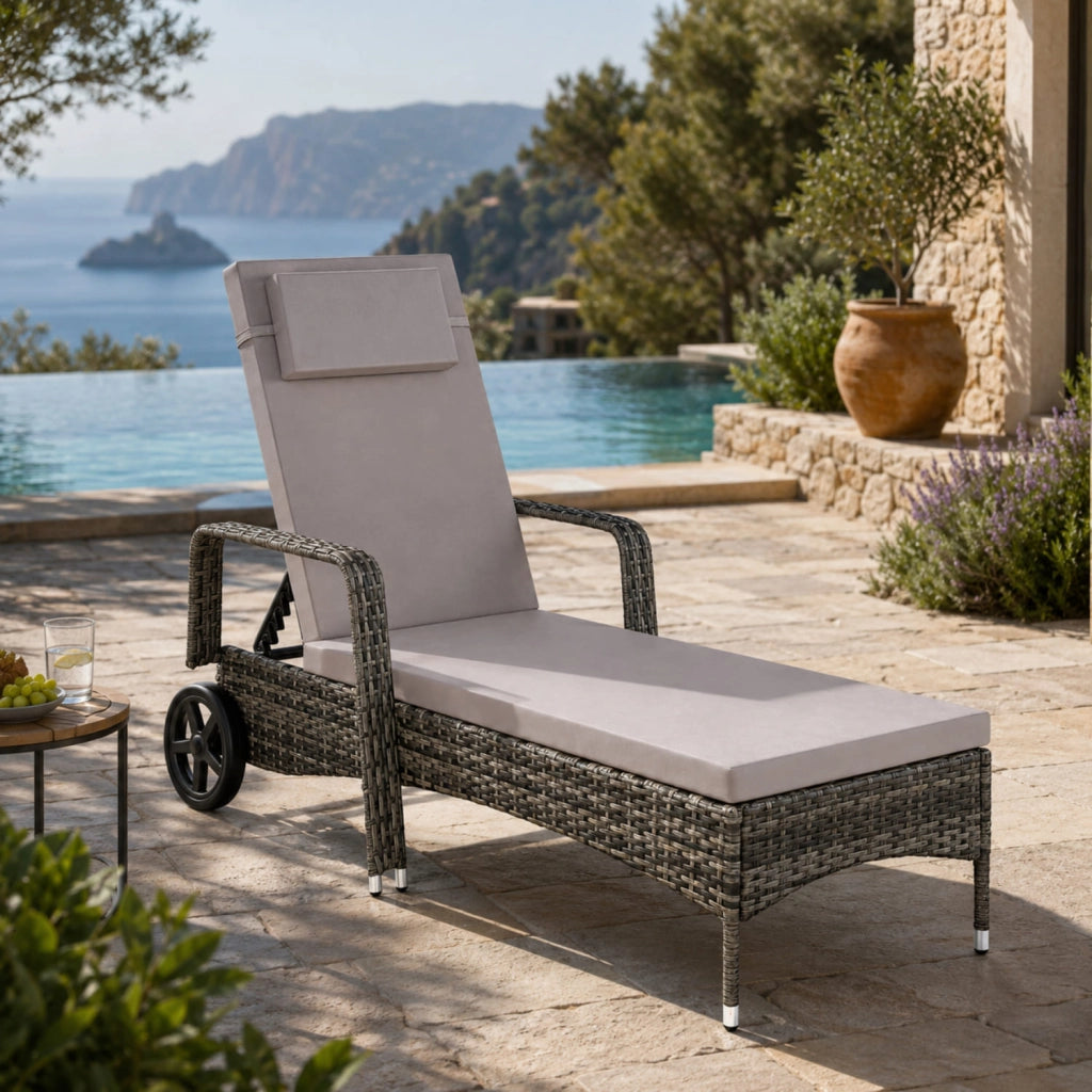 Chaise Longue In Polyrattan Con Schienale Reclinabile Sei Livelli Poggiatesta Integrato E Ruote Per Giardino E Solarium 196 x 72 x 94.5 Cm Grigio