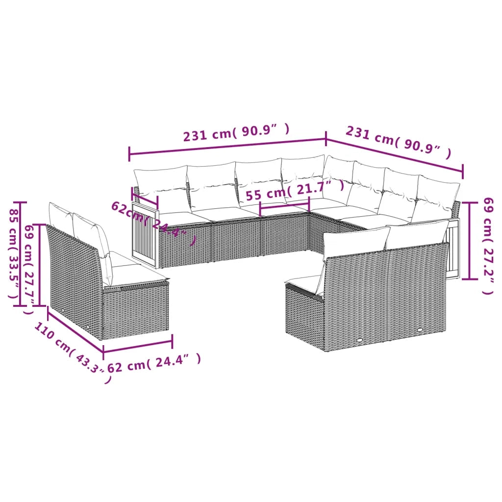 Set Divani da Giardino 11 pz con Cuscini in Polyrattan Grigio