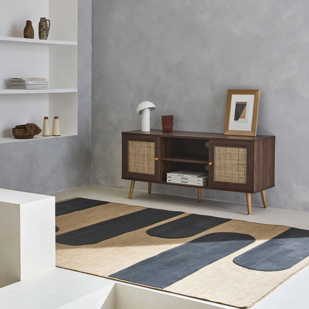Mobile tv in cannage 2 livelli, 120cm, marrone scuro naturale