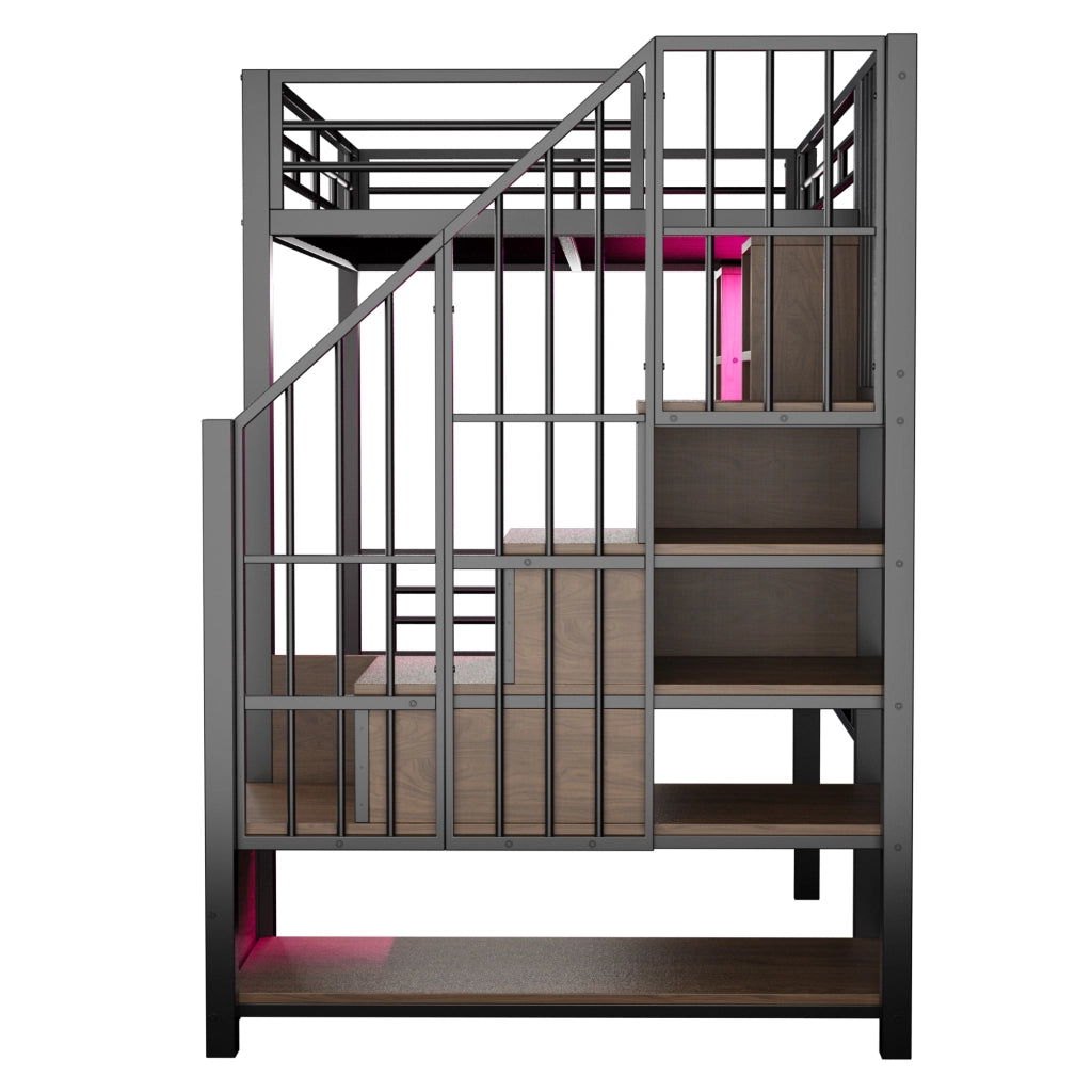 LETTO A SOPPALCO 90 x 200 cm con scrivania, LED, scala contenitore, nero