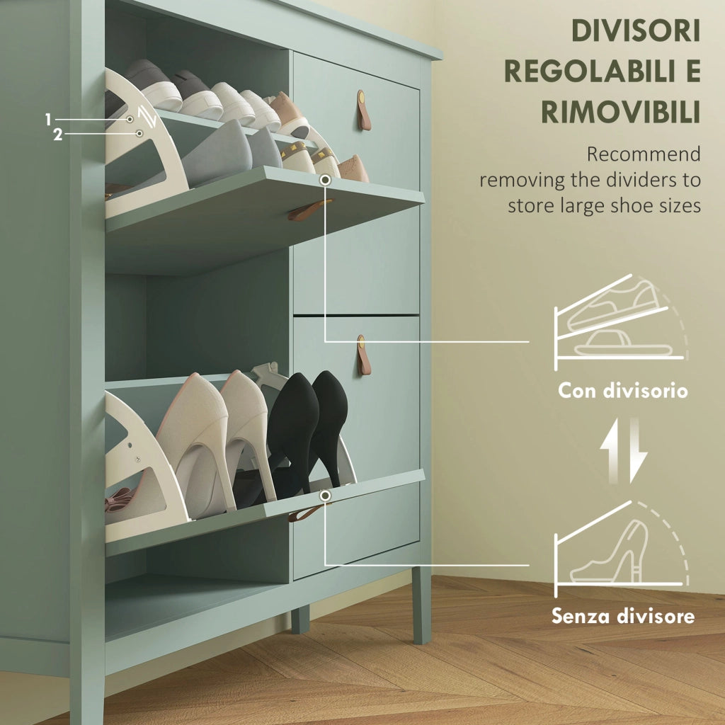 Scarpiera Slim 4 Cassetti per 20 Paia di Scarpe  105x24x95,5cm con Ripiani Regolabili in Legno Verde