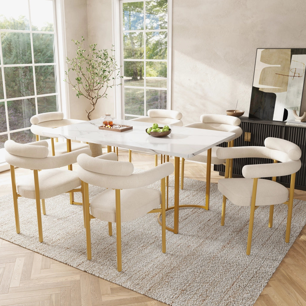 Tavolo da pranzo per 4 persone con 4 sedie in velluto, gambe in metallo, per cucina e sala da pranzo, beige e oro