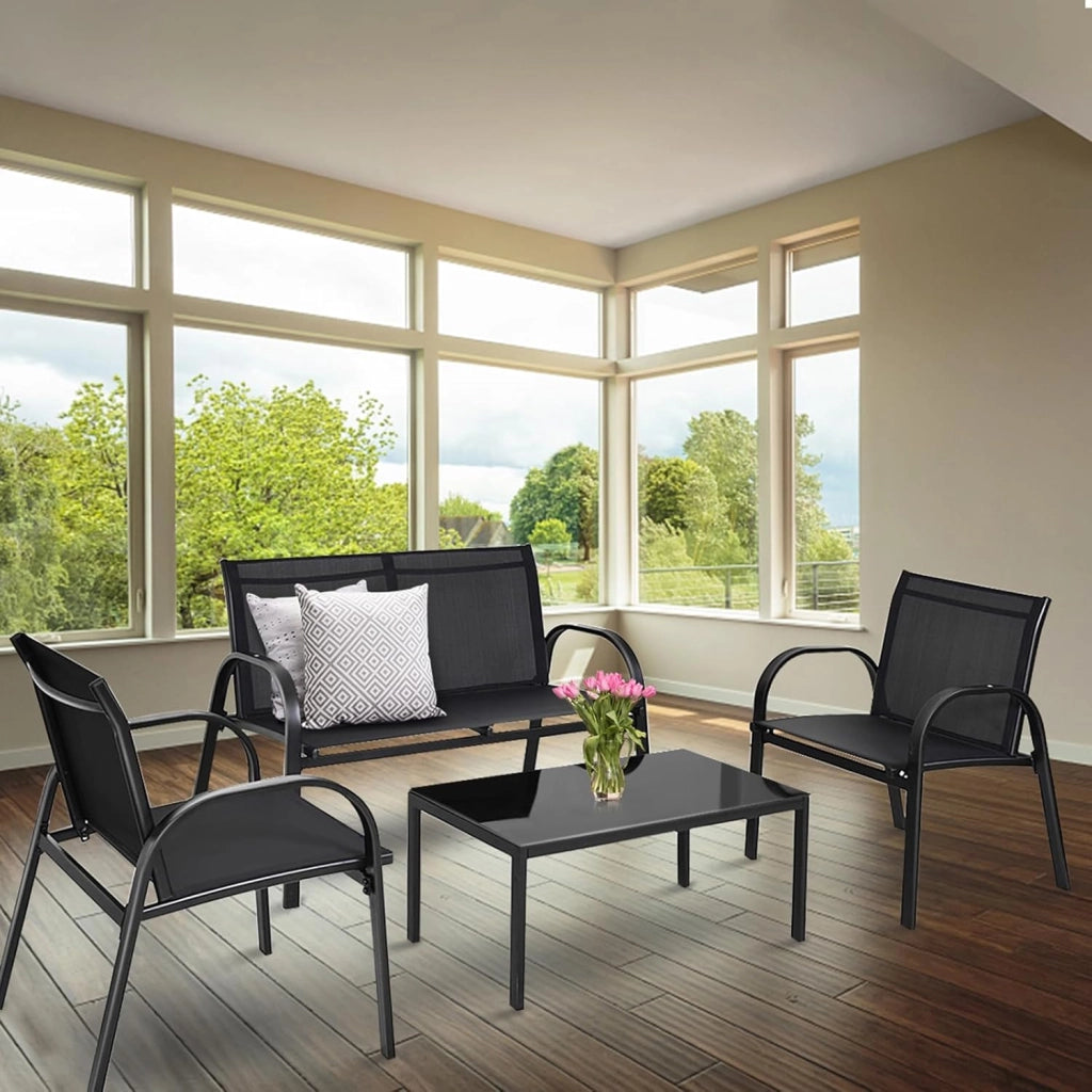 Set da Giardino con 4 Pezzi, Set da Giardino per Chiacchierare, Sedie da Giardino con Tavolino in Vetro, con Struttura Resistente in Ferro, Tessuto a Rete Traspirante (Nero)