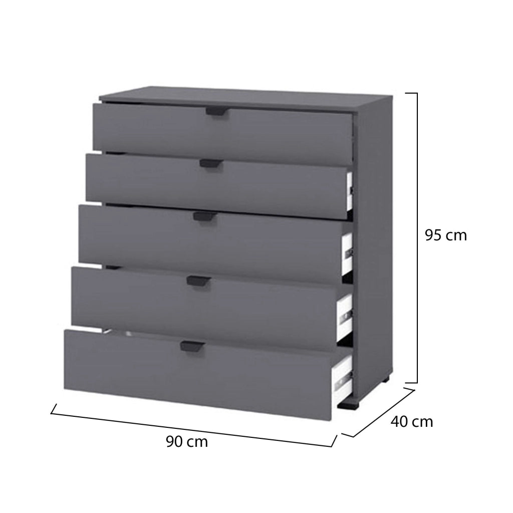 Mainarda, Cassettiera 5 Cassetti, 90x40x95h cm Nero Antracite