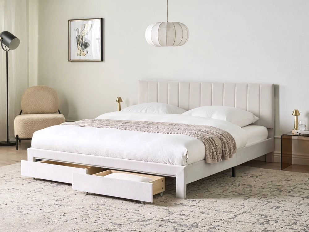 Letto matrimoniale 180 x 200 cm Bianco Sporco Rivestimento in velluto 4ft con cassetti Testiera Base a doghe Moderno