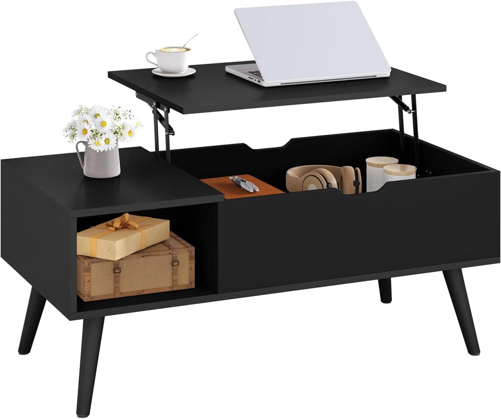 Tavolino da Caffè Sollevabile e Allungabile, Tavolo con Spazio Interno e Scomparto Aperto, Tavolino da Salotto per Soggiorno, 100x50x(43-57) cm, Nero, BTS26sz