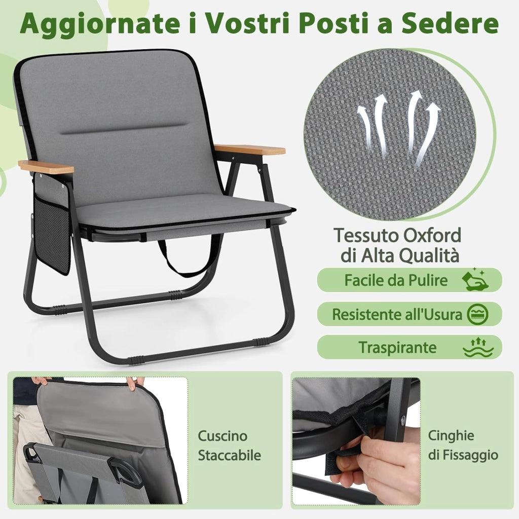 Set di 2 Sedie da Campeggio Pieghevoli, Sedie Portatili da Esterno con Cuscino Rimovibile, Tasca Laterale, Braccioli, Sedie da Spiaggia Resistenti per Esterni, Supporta 150 kg, Grigio
