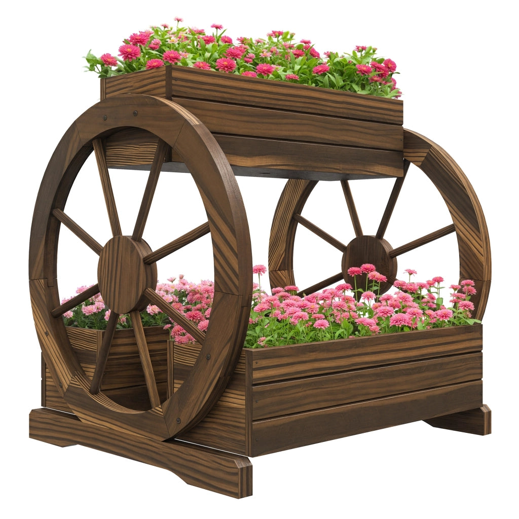 Fioriera in Legno da Esterno a 2 Livelli con 3 Vasi e Ruote di Carro Stile Country, 64x54x60cm