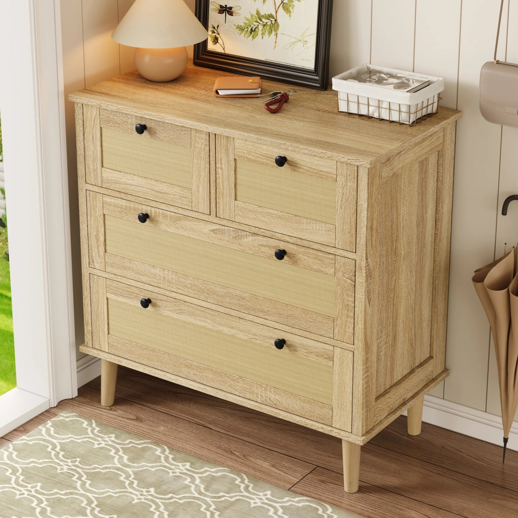 Chest of drawers with four rattan drawers - Zephmum- Solid wood legs