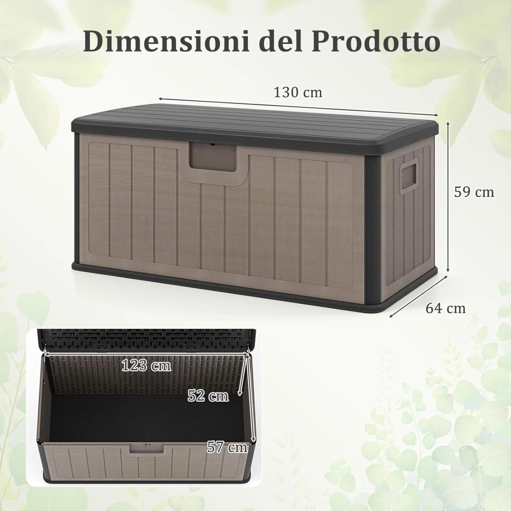 Baule da Esterno 378 L, Cassapanca Contenitore Impermeabile in Resina con Pistoni a Gas, Coperchio Bloccabile, Salvaspazio per Giardino, Cortile e Piscina, 130 x 64 x 59 cm (Marrone+Nero)