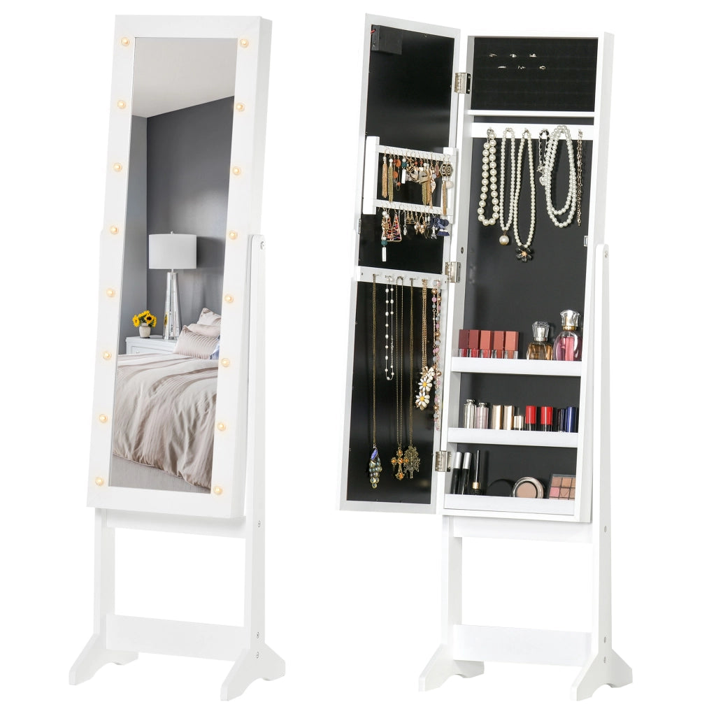 Armadietto Portagioie con Specchio Regolabile e Luci LED Bianco Caldo, 36x30x136 cm