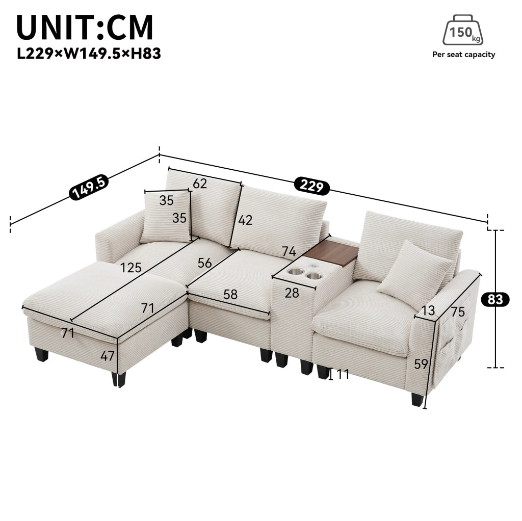 Divano angolare modulare beige in velluto a coste con USB