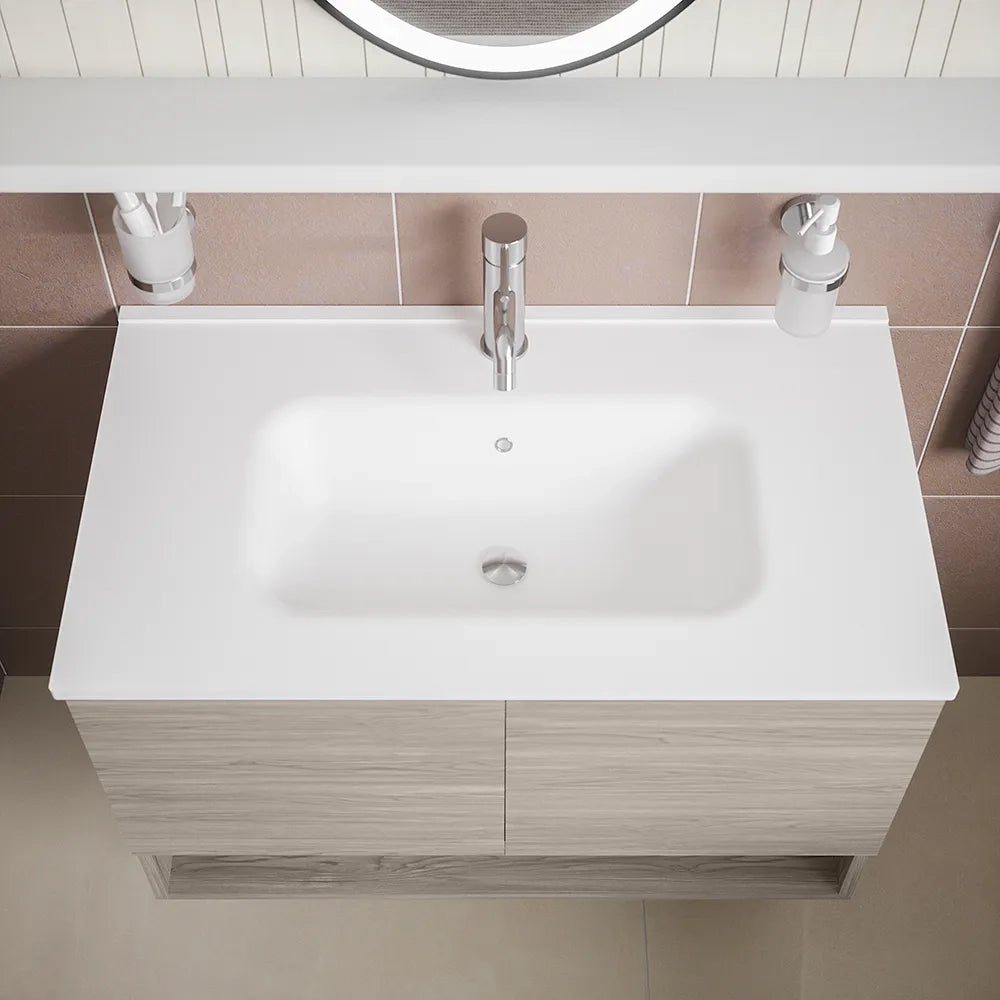 Mobile sospeso 80 cm rovere grigio con due ante, vano a giorno e lavabo | Sauris