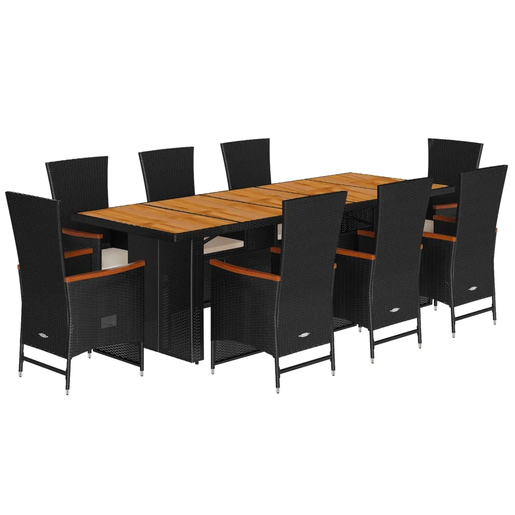 Set da Pranzo da Giardino 9 pz con Cuscini Nero in Polyrattan 3277526