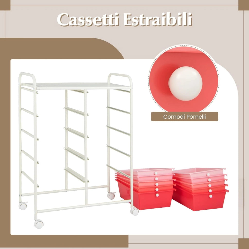 Carrello a 10 Cassetti con Ruote, Carrello di Stoccaggio con Stabilità Elevata, Carrello Multiuso per Casa Ufficio e Scuola, 65,5 x 37 x 87 cm (Sfumatura rosa)