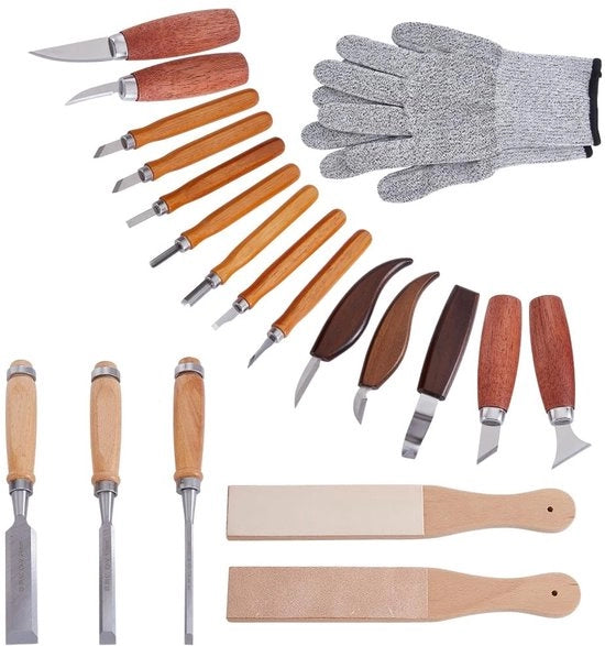 Kit di utensili per la lavorazione del legno - Set di 7 utensili per la lavorazione - Set di 6 strumenti per dettagli - Piastra di affilatura - Manopole antiscivolo - Guanti di sicurezza