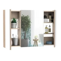 kleankin Specchio Bagno Contenitore con 3 Ante a Specchio Soft Close, Specchiera Bagno con Ripiani Regolabili in Legno e Vetro, 90x13.5x60 cm, Color Legno