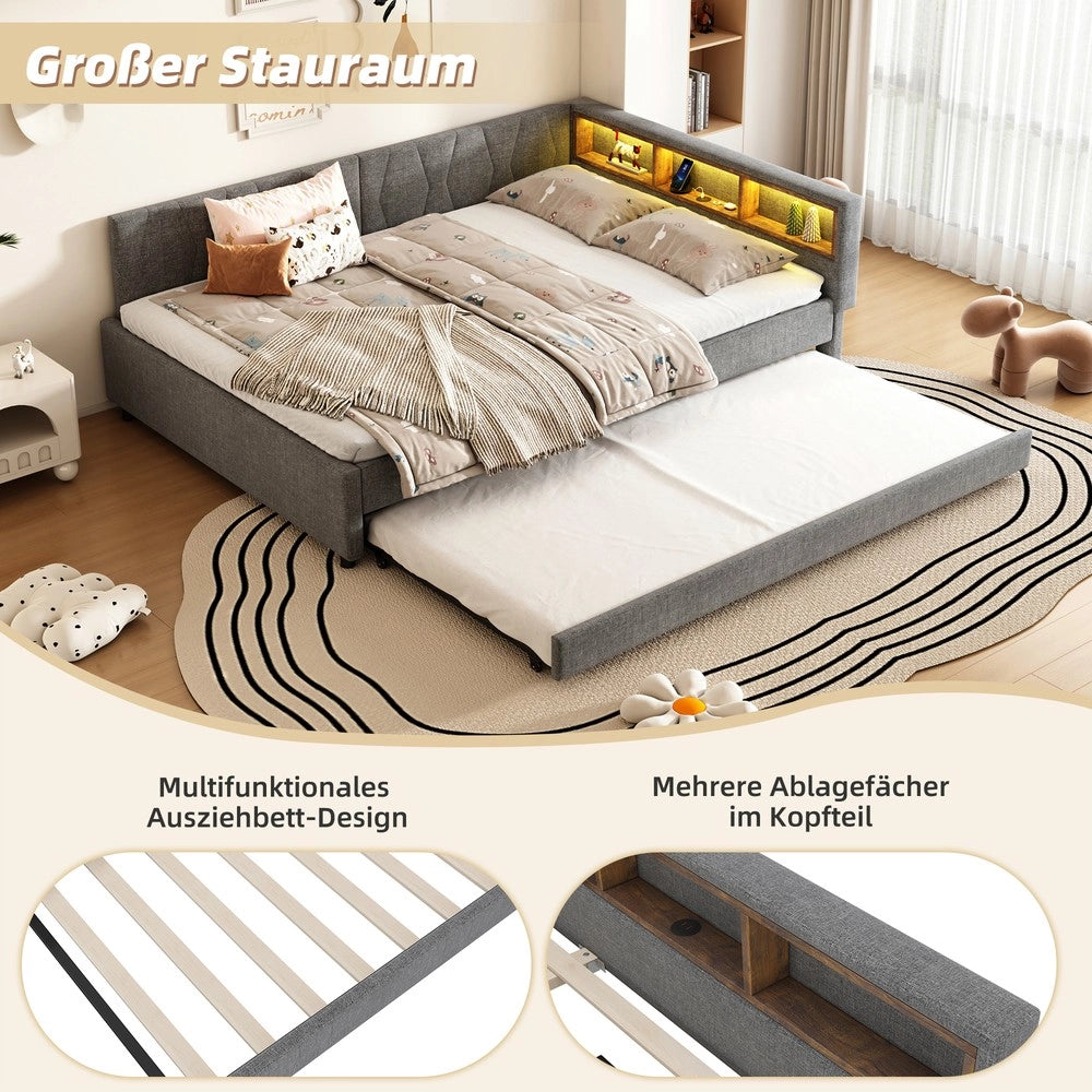 Letto Divano con Rete a Doghe, LED e USB ¨C MINIMAL ¨C Grigio, Tessuto, 140x200
