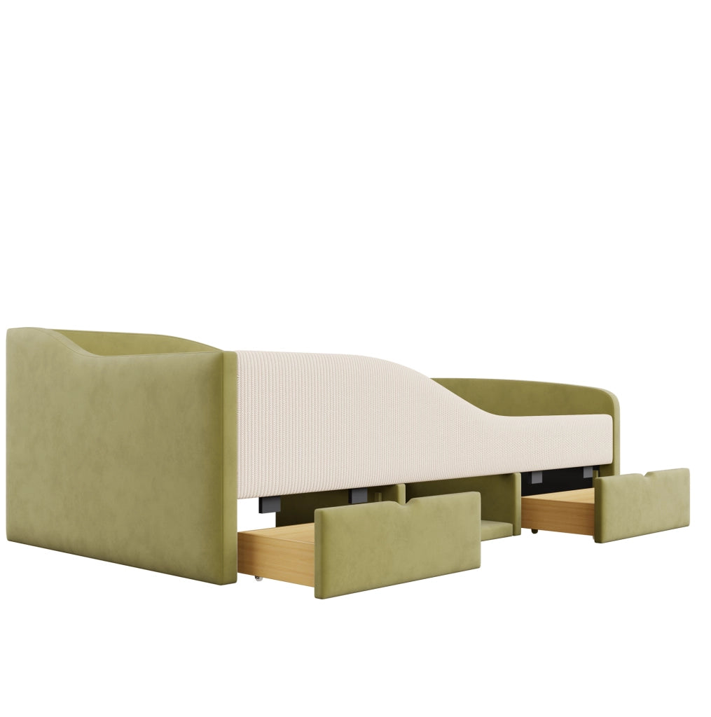 Letto per bambini imbottito 90x190 cm con 2 cassetti; vano portaoggetti e protezioni; verde e avorio