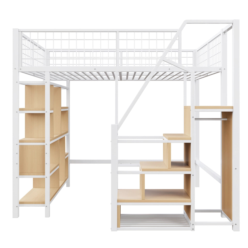 OKWISH Letto a Soppalco 140×200 cm, Letto Matrimoniale con Scala Contenitore, Mensole e Vani Portaoggetti, senza Materasso, Metallo e Legno, Bianco