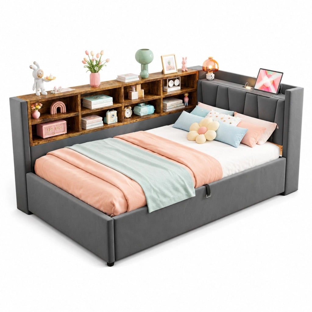 Letto imbottito con contenitore idraulico, testiera con luce e prese USB e Type-C, 90x200 cm