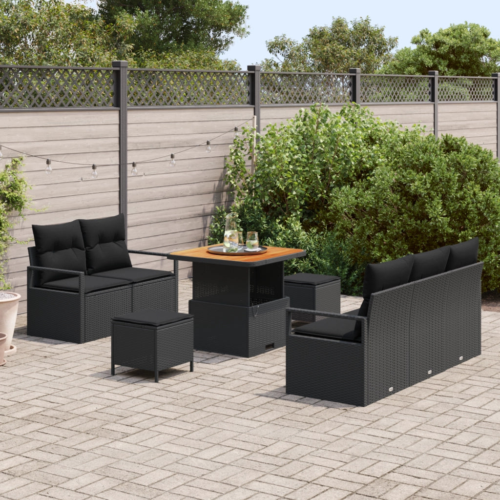 Set Divano da Giardino 8 Pezzi con Cuscini Nero Polyrattan Acacia