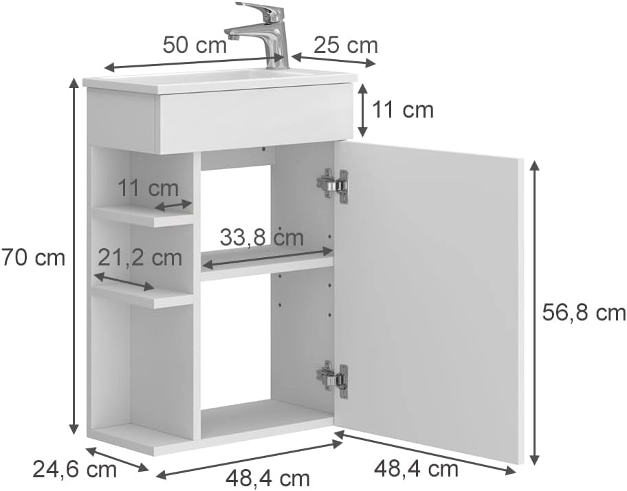 Set mobili bagno Amadeo, Bianco, 50 cm, composto da mobile sottolavabo e lavabo