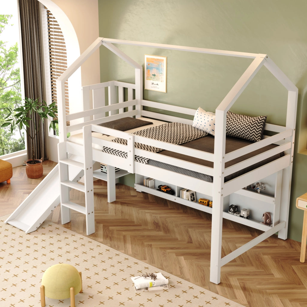 OKWISH Letto Bambino 90×200 cm, Letto Singolo con Scivolo, Scala, 6 Armadietti Contenitore e Mensola, senza Materasso, Bianco