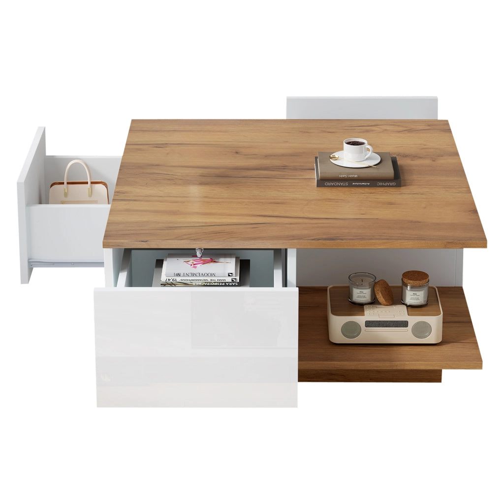 TAVOLO da caffè 70 x 70 x 31,5 cm Bianco e legno con 3 cassetti