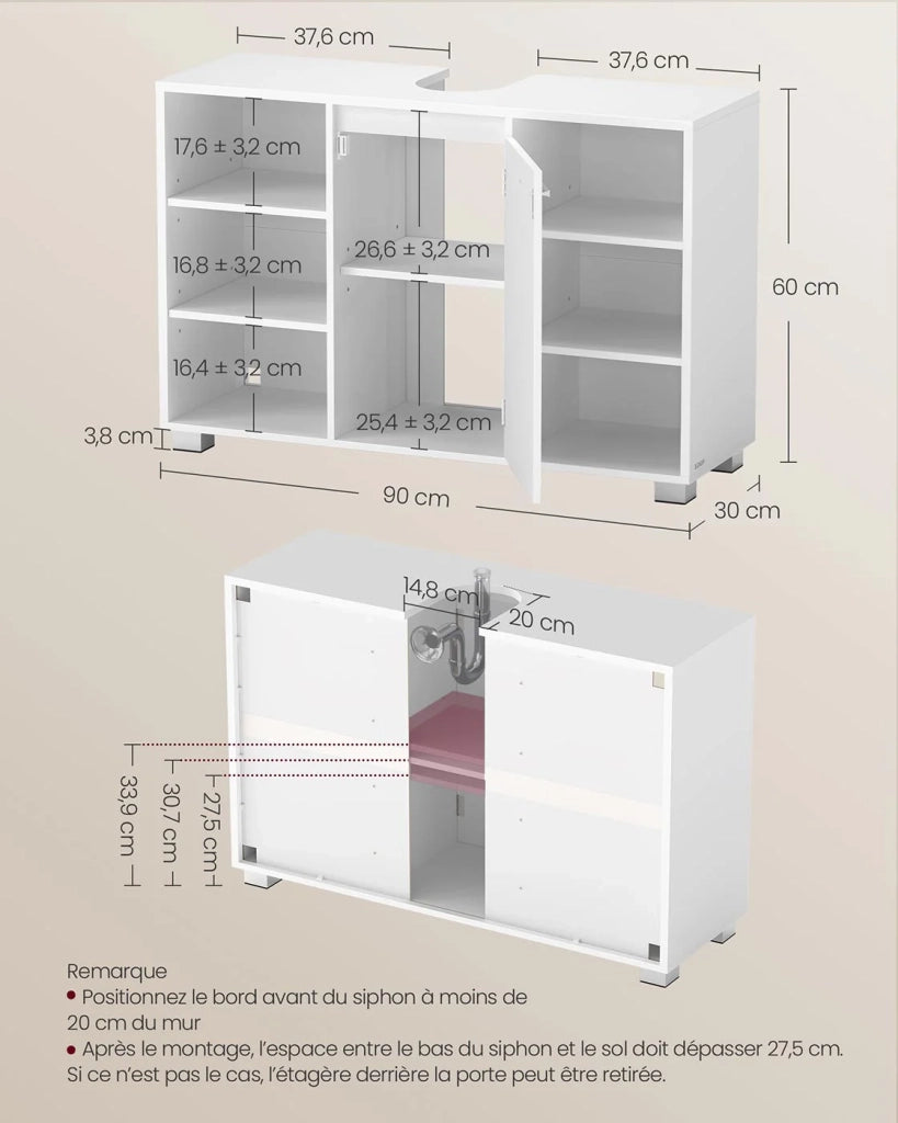 Mobile lavabo da bagno con ripiani e gambe regolabili 30 x 90 x 60 cm bianco 12_0006539