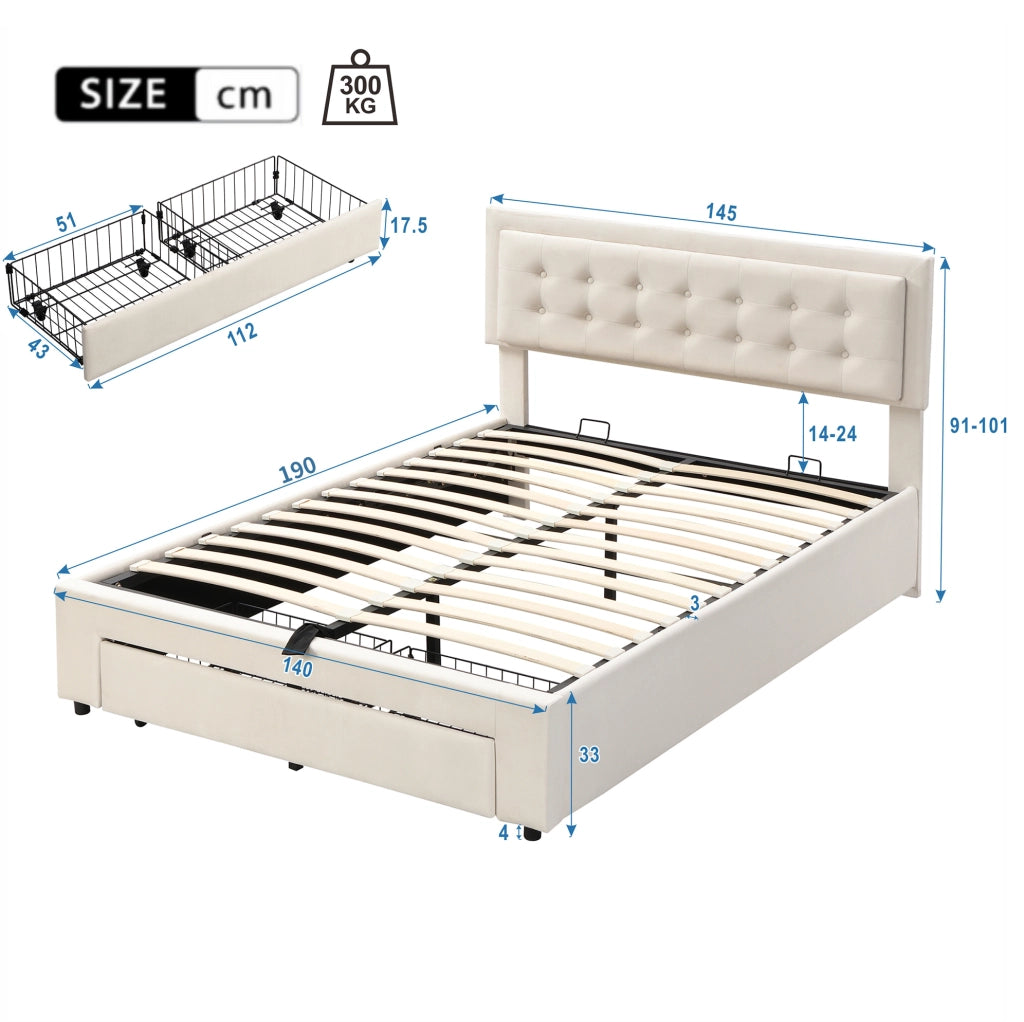 Letto imbottito 140x190 cm in velluto beige con testiera regolabile e contenitore