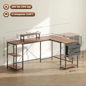 SCRIVANIA angolare a L 168x120 cm in legno marrone con supporto monitor