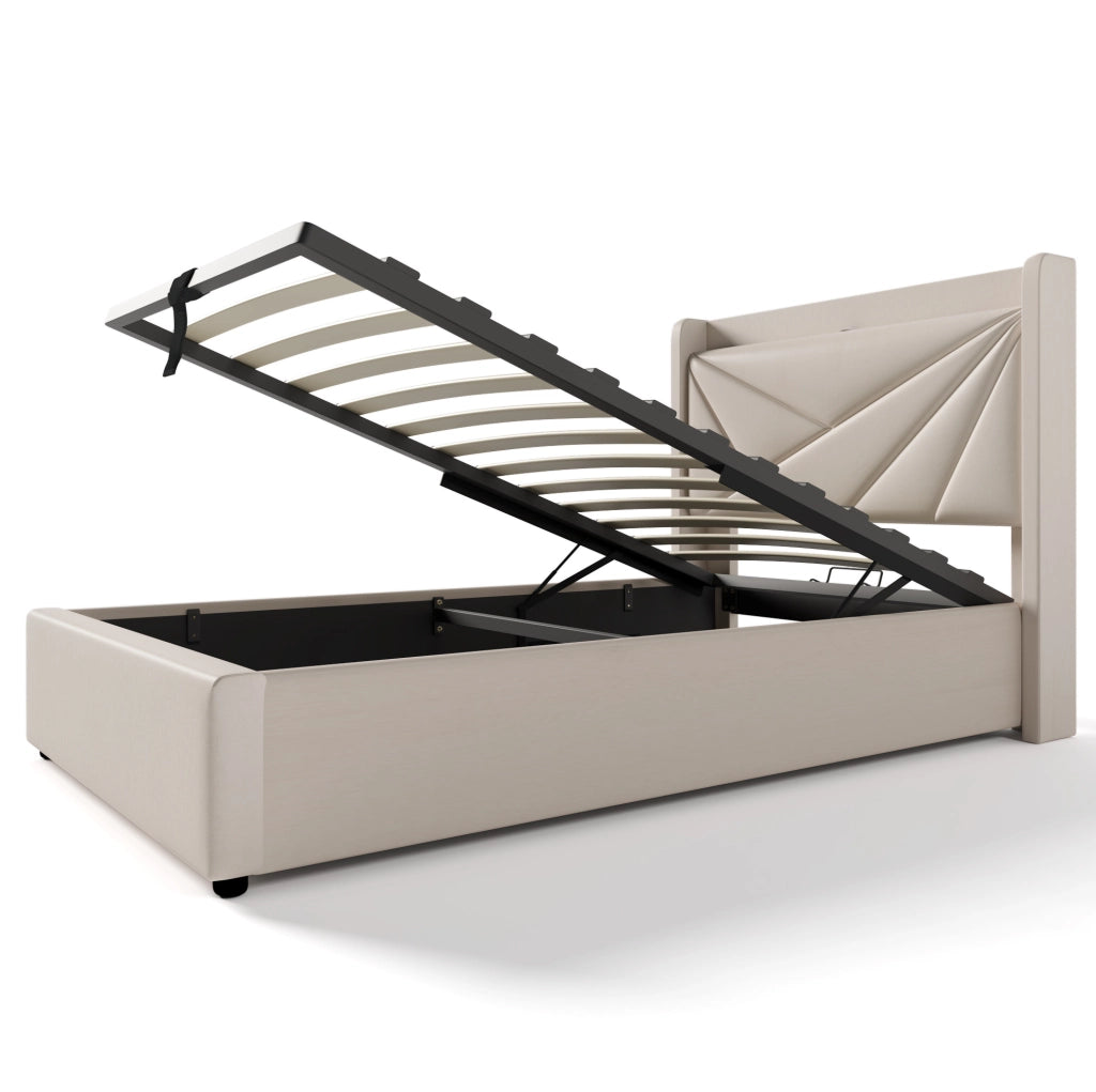 Letto singolo con contenitore 90x200 cm in cotone lino beige; testiera con USB e Tipo C