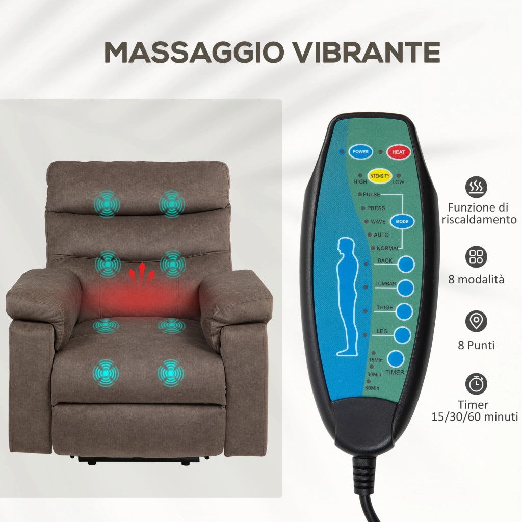 Poltrona Alzapersona Reclinabile Massaggiante e Riscaldante 93x101x102 cm in Tessuto Effetto Velluto Marrone Scuro