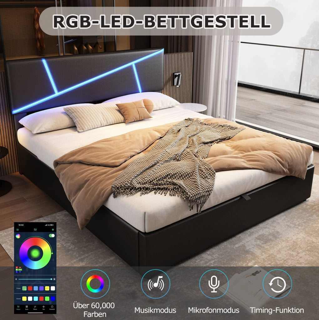 Letto matrimoniale 140x200 cm con contenitore e LED; rivestimento in PU; nero