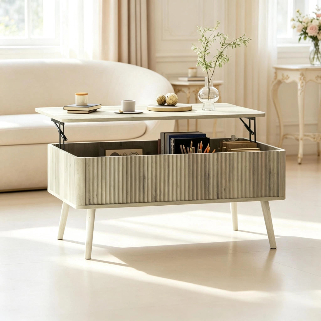 Tavolino da salotto alzabile con 2 vani nascosti; piano regolabile e angoli arrotondati; in MDF e pino; rovere