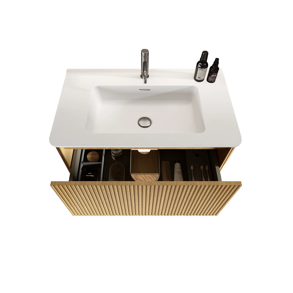 Mobile sottolavabo ULEVR 80 cm con lavabo in solid surface, cassetti push-to-open e finitura rovere