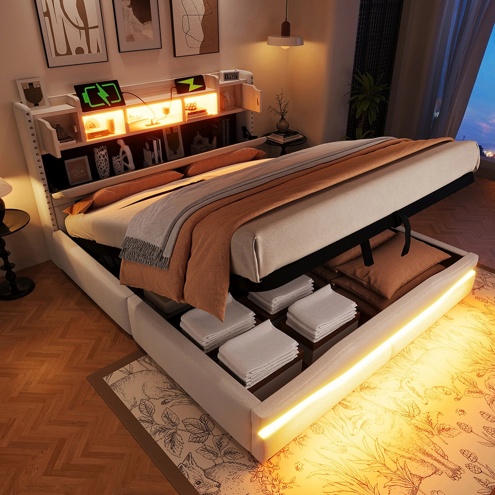 Letto imbottito-Xylo-160x200 cm-USB, LED, testiera con contenitore, idraulico, beige
