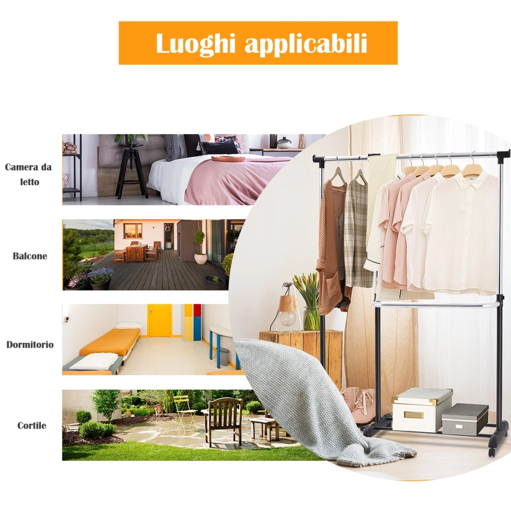 Stand appendiabiti da terra in acciaio con 6 ruote, Porta abiti regolabile 91-160x43x93-168cm, Nero-Appendiabiti